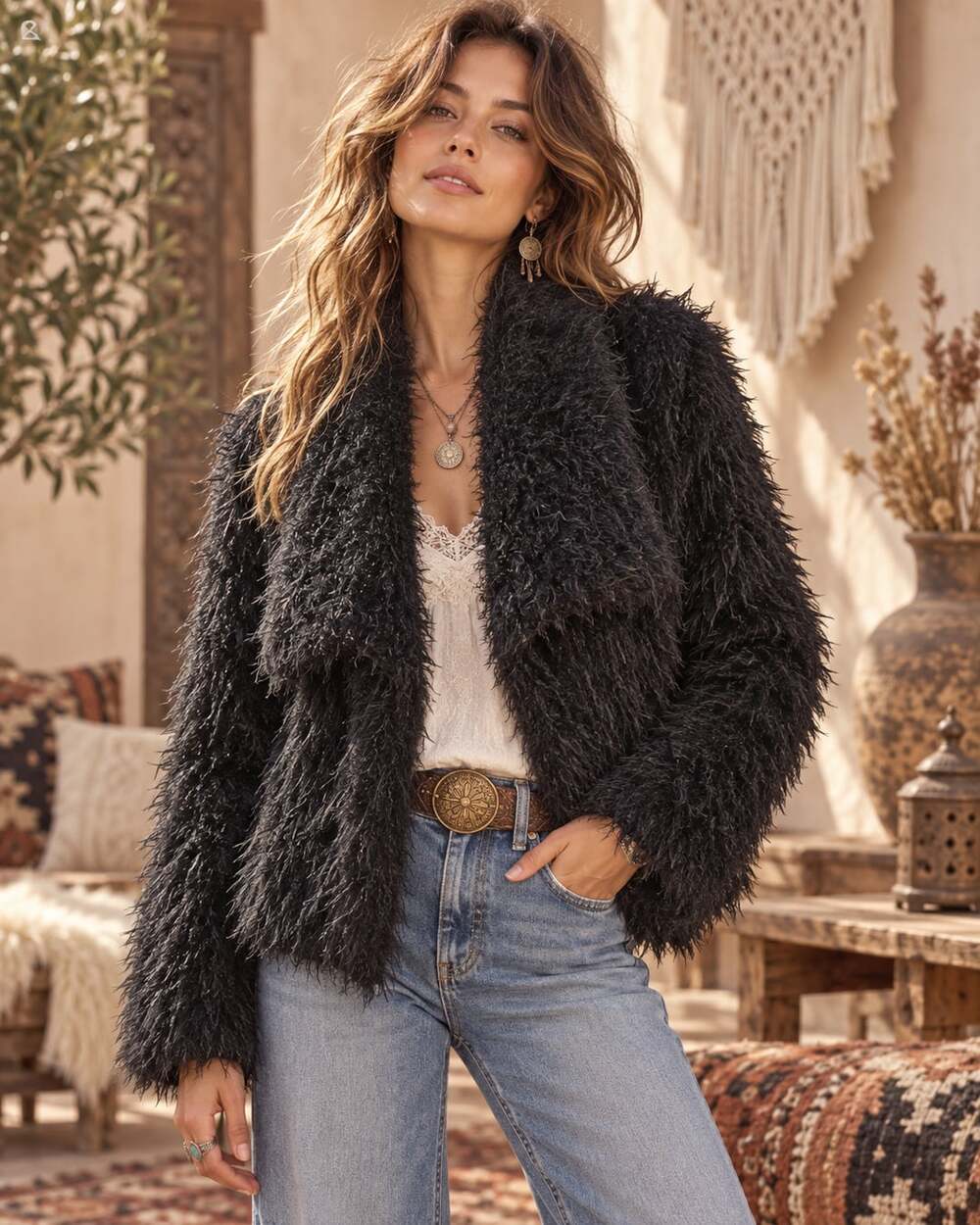 Altar'd State Shaggy Faux Fur Jacket Size L Black